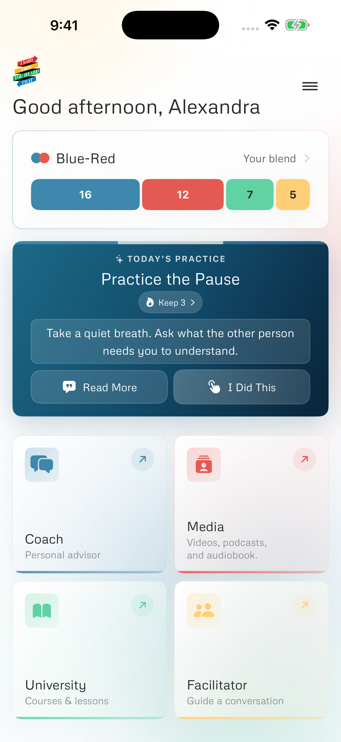 I Said You Heard app showing a sample temperament blend and a daily communication practice